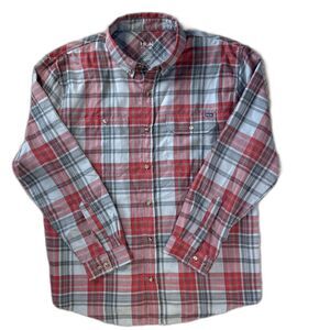 Huk Shirt Mens Large Red Button Up Flannel Performance Plaid Fishing Long Sleeve